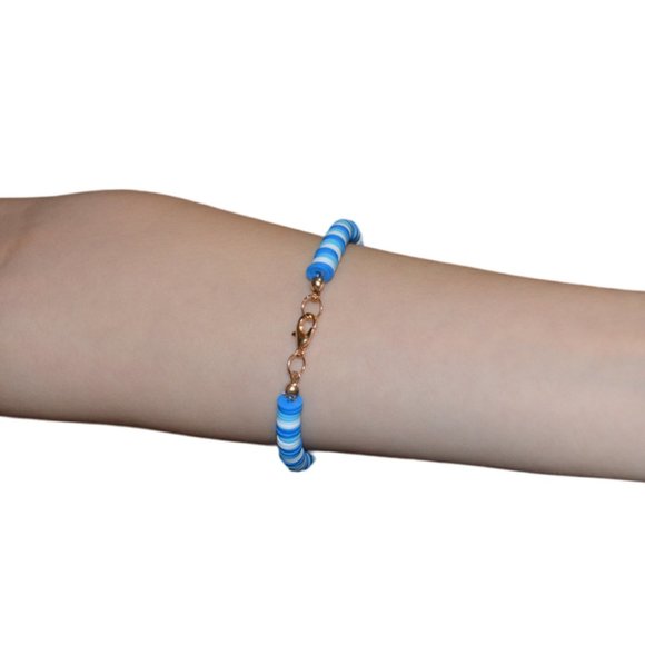 Handmade Set/3 Clay Rubber Beads Elastic Kids Bracelet Blue Pink 3" length/half - Picture 6 of 15